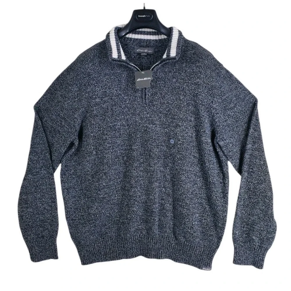 Eddie Bauer Cotton Rag 1/4 Zip Knit Sweater Mens XL Black White Pullover NWT